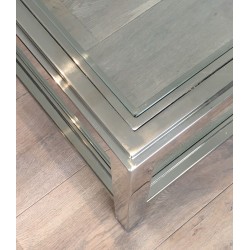 Importante Table Basse Chromée à Double Plateaux de Verre, Travail Français, Vers 1970