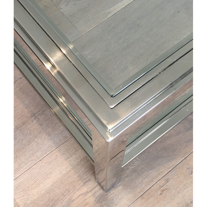 Importante Table Basse Chromée à Double Plateaux de Verre, Travail Français, Vers 1970
