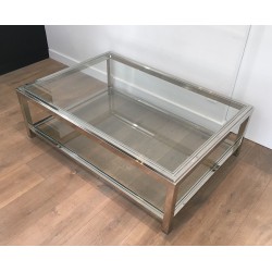 Large Chrome and Glass Two-Tier Coffee Table, French Work, Circa 1970