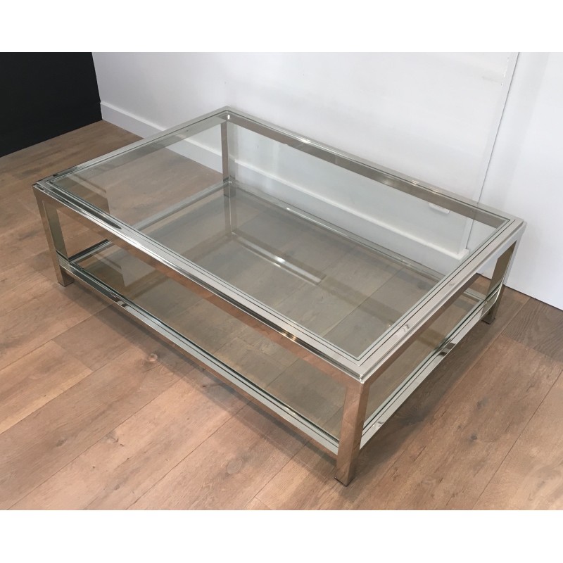 Importante Table Basse Chromée à Double Plateaux de Verre, Travail Français, Vers 1970