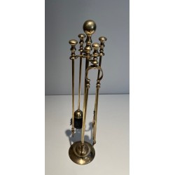 Neoclassical Style Brass Fireplace Tools on Stand, French Work, Circa 1970