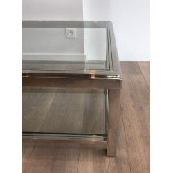 Importante Table Basse Chromée à Double Plateaux de Verre, Travail Français, Vers 1970