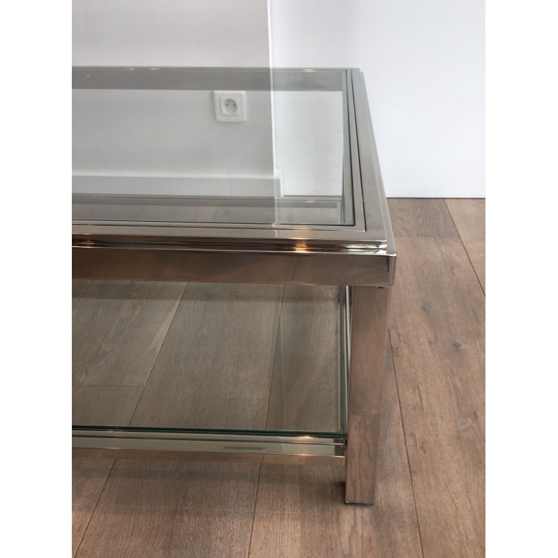 Importante Table Basse Chromée à Double Plateaux de Verre, Travail Français, Vers 1970