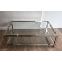 Importante Table Basse Chromée à Double Plateaux de Verre, Travail Français, Vers 1970