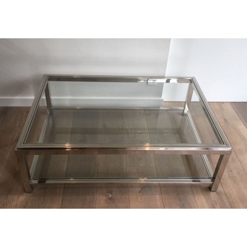 Large Chrome and Glass Two-Tier Coffee Table, French Work, Circa 1970