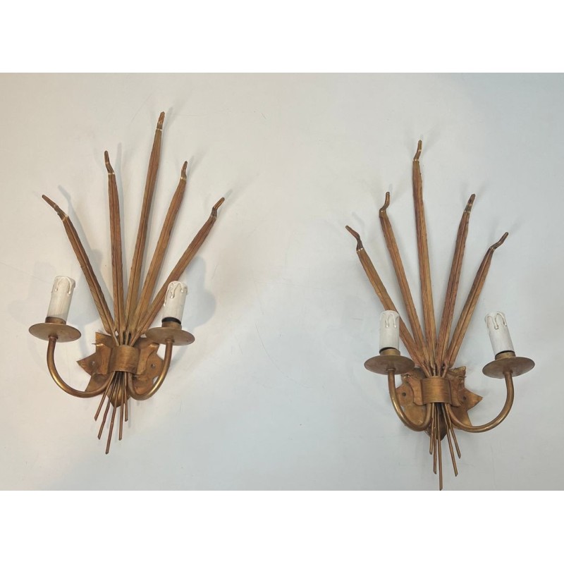 Pair of Gilded Wheat Sheaf Wall Sconces in the Taste of Chanel | French Work, circa 1970