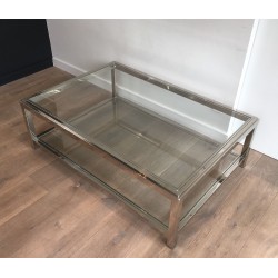 Importante Table Basse Chromée à Double Plateaux de Verre, Travail Français, Vers 1970