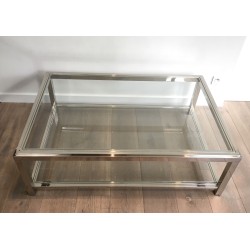 Large Chrome and Glass Two-Tier Coffee Table, French Work, Circa 1970