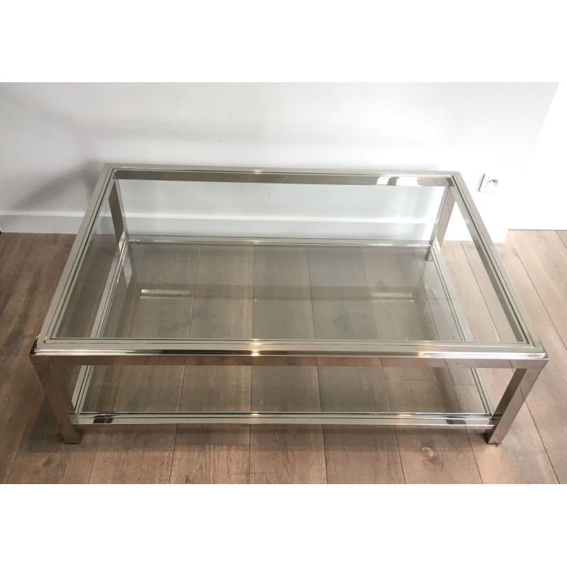 Importante Table Basse Chromée à Double Plateaux de Verre, Travail Français, Vers 1970
