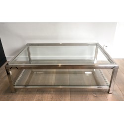 Large Chrome and Glass Two-Tier Coffee Table, French Work, Circa 1970