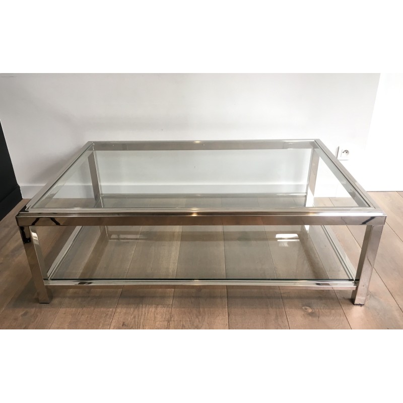 Large Chrome and Glass Two-Tier Coffee Table, French Work, Circa 1970