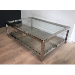 Large Chrome and Glass Two-Tier Coffee Table, French Work, Circa 1970