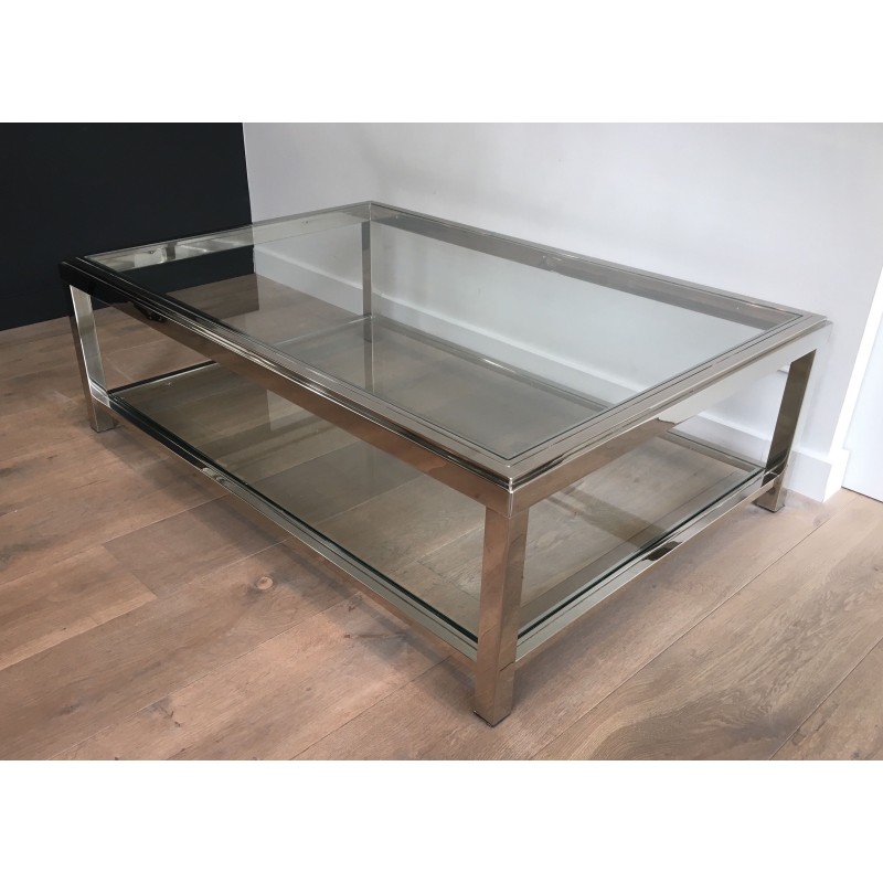Importante Table Basse Chromée à Double Plateaux de Verre, Travail Français, Vers 1970