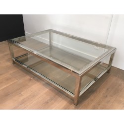 Large Chrome and Glass Two-Tier Coffee Table, French Work, Circa 1970