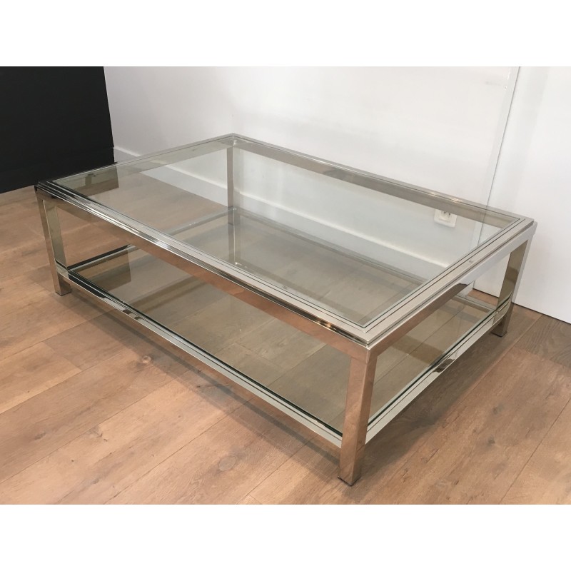 Large Chrome and Glass Two-Tier Coffee Table, French Work, Circa 1970