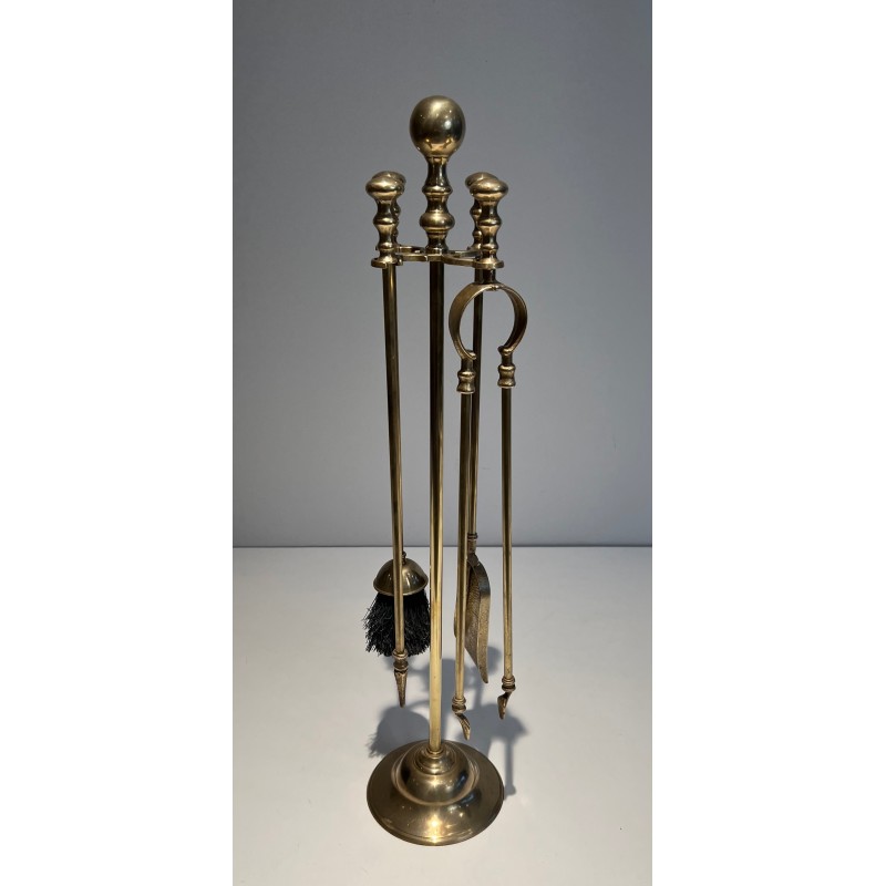 Neoclassical Style Brass Fireplace Tools on Stand, French Work, Circa 1970