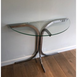 Half-Moon Chromed Console with Glass Top, in the Style of Maison Charles, French Work, Circa 1970