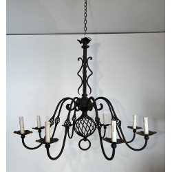 Large Eight-Light Wrought Iron Chandelier, French Work, Circa 1940