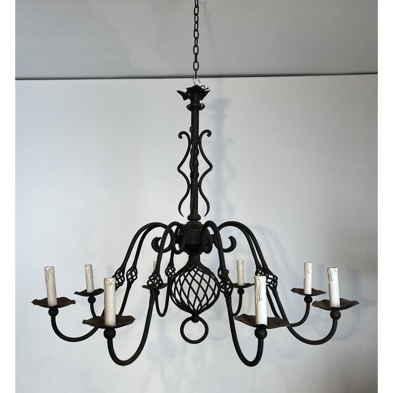 Large Eight-Light Wrought Iron Chandelier, French Work, Circa 1940