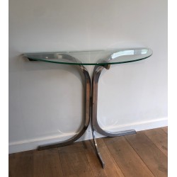 Half-Moon Chromed Console with Glass Top, in the Style of Maison Charles, French Work, Circa 1970