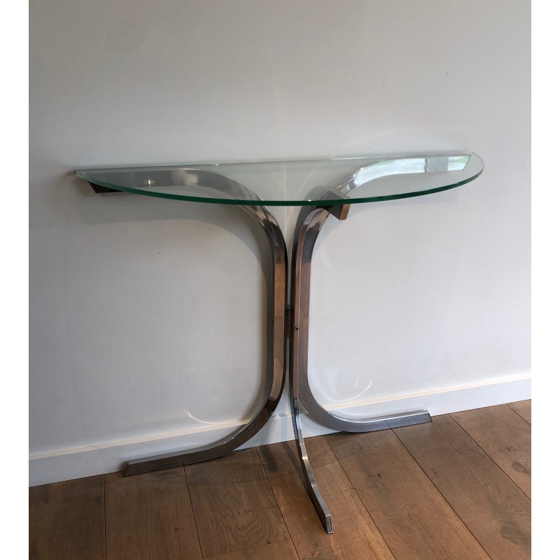 Half-Moon Chromed Console with Glass Top, in the Style of Maison Charles, French Work, Circa 1970