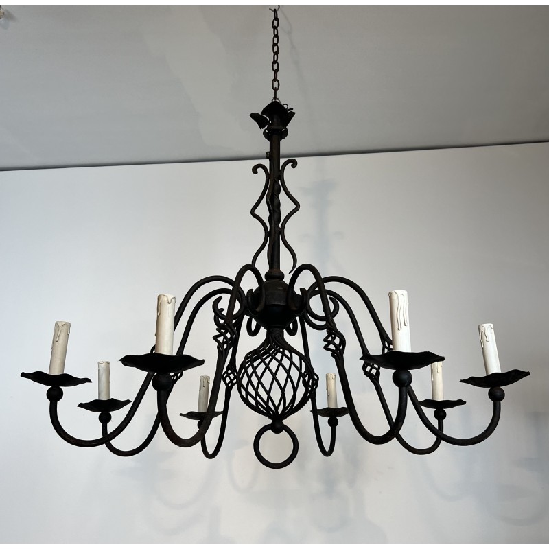Large Eight-Light Wrought Iron Chandelier, French Work, Circa 1940