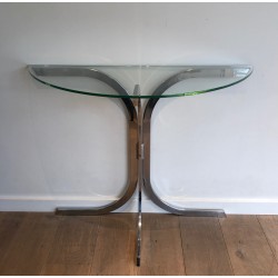 Console Demi-Lune Chromée à Plateau de Verre, dans le Goût de la Maison Charles, Travail Français, Vers 1970