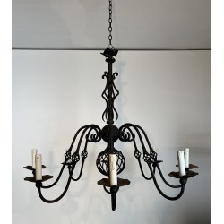 Important Lustre en Fer Forgé à Huit Bras de Lumière, Travail Français, Vers 1940