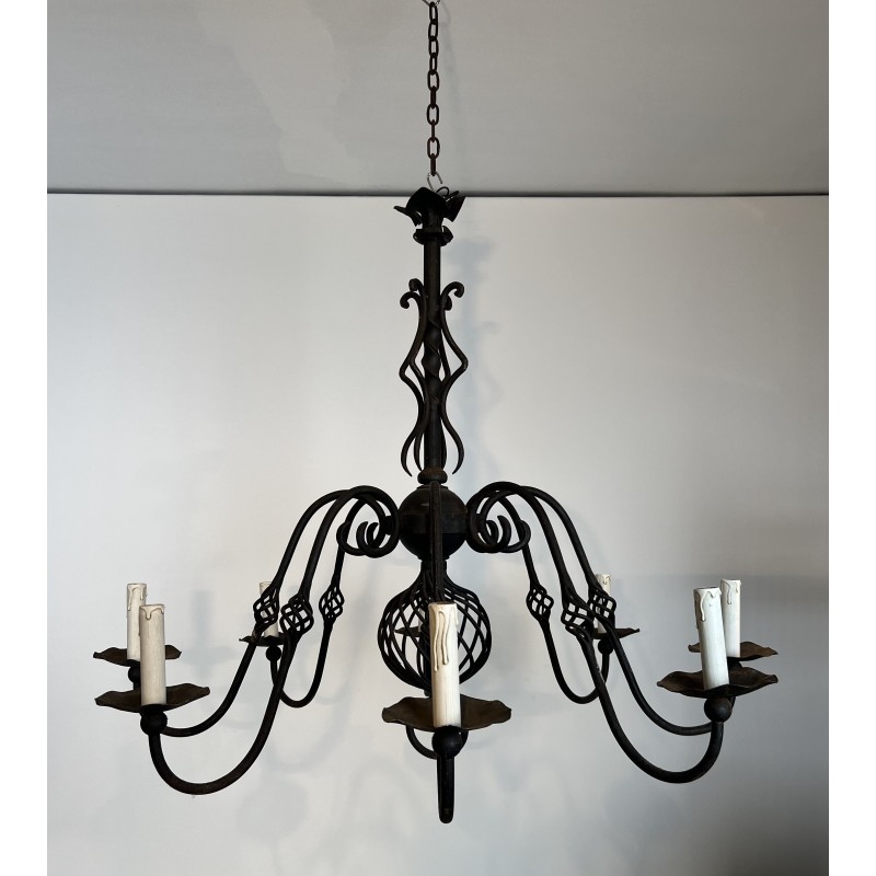 Important Lustre en Fer Forgé à Huit Bras de Lumière, Travail Français, Vers 1940