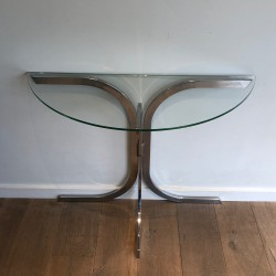 Console Demi-Lune Chromée à Plateau de Verre, dans le Goût de la Maison Charles, Travail Français, Vers 1970