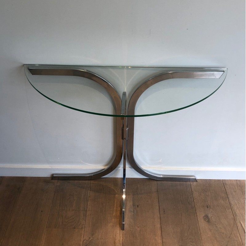 Half-Moon Chromed Console with Glass Top, in the Style of Maison Charles, French Work, Circa 1970