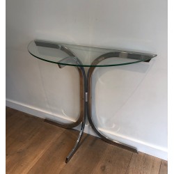 Half-Moon Chromed Console with Glass Top, in the Style of Maison Charles, French Work, Circa 1970