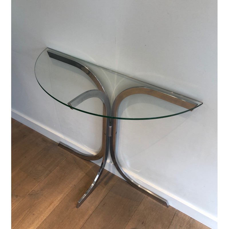Half-Moon Chromed Console with Glass Top, in the Style of Maison Charles, French Work, Circa 1970