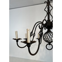 Large Eight-Light Wrought Iron Chandelier, French Work, Circa 1940