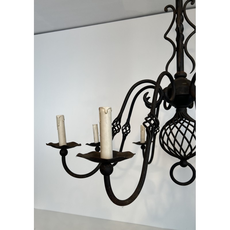 Large Eight-Light Wrought Iron Chandelier, French Work, Circa 1940