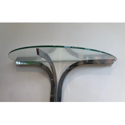 Console Demi-Lune Chromée à Plateau de Verre, dans le Goût de la Maison Charles, Travail Français, Vers 1970