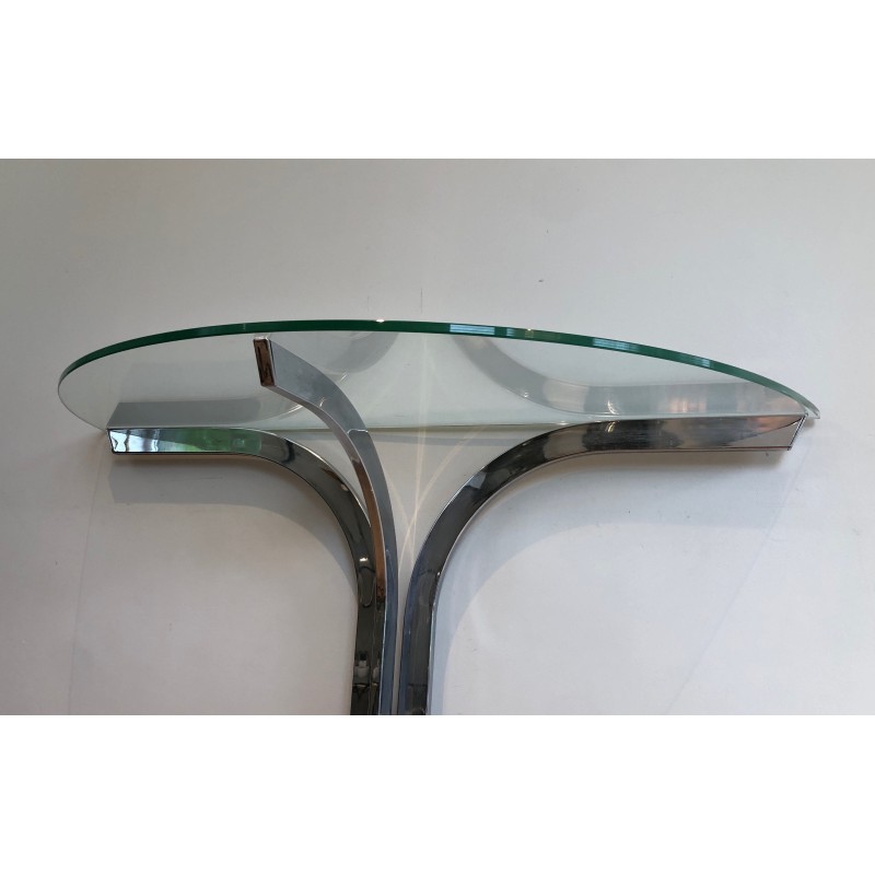 Half-Moon Chromed Console with Glass Top, in the Style of Maison Charles, French Work, Circa 1970