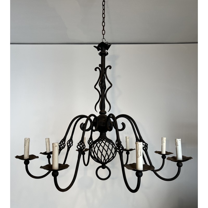 Large Eight-Light Wrought Iron Chandelier, French Work, Circa 1940