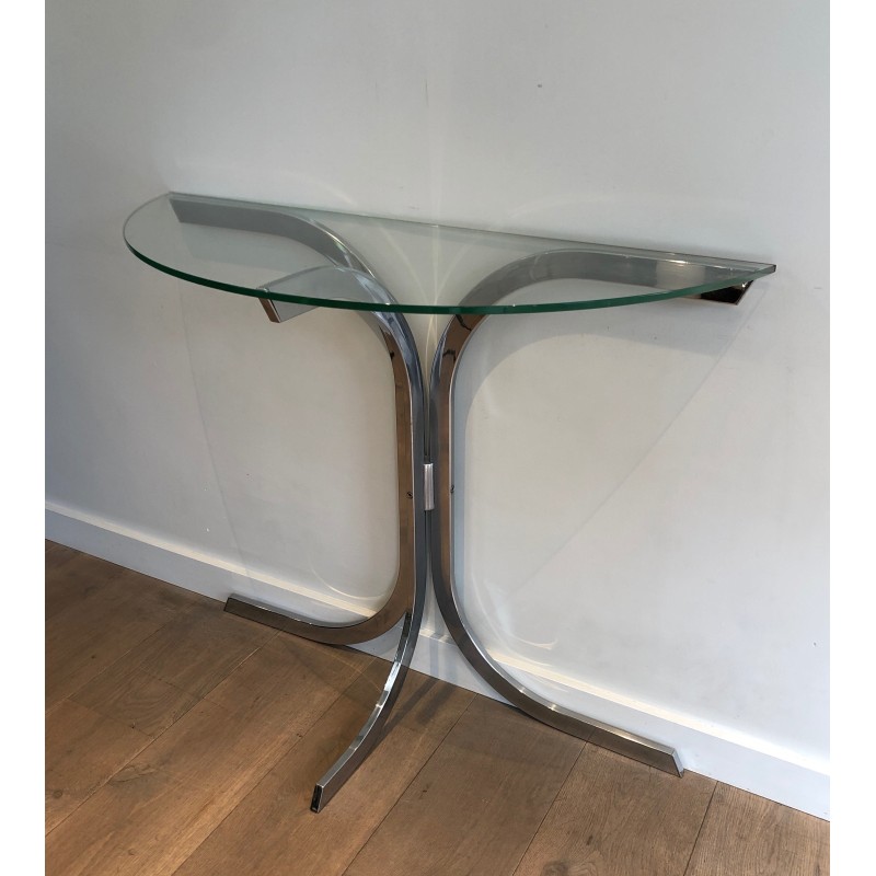 Half-Moon Chromed Console with Glass Top, in the Style of Maison Charles, French Work, Circa 1970