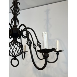 Large Eight-Light Wrought Iron Chandelier, French Work, Circa 1940