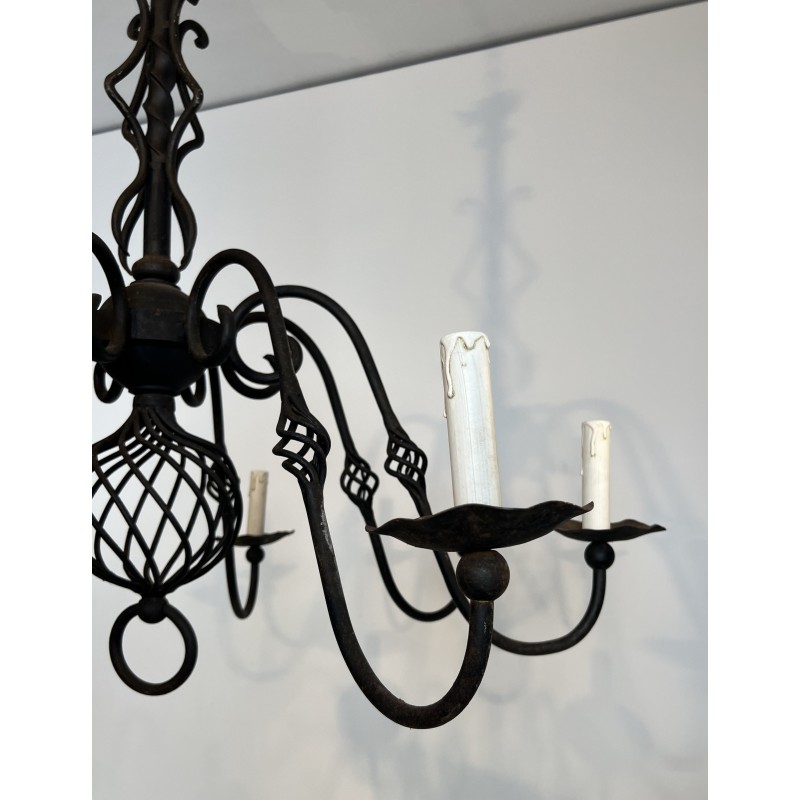 Large Eight-Light Wrought Iron Chandelier, French Work, Circa 1940