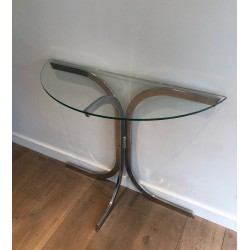 Console Demi-Lune Chromée à Plateau de Verre, dans le Goût de la Maison Charles, Travail Français, Vers 1970