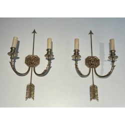 Pair of Empire Bronze Arrow Wall Sconces, Sun King Effigy, by Lucien Gau | circa 1950