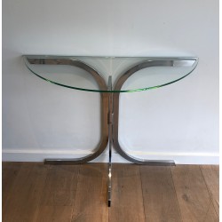 Half-Moon Chromed Console with Glass Top, in the Style of Maison Charles, French Work, Circa 1970