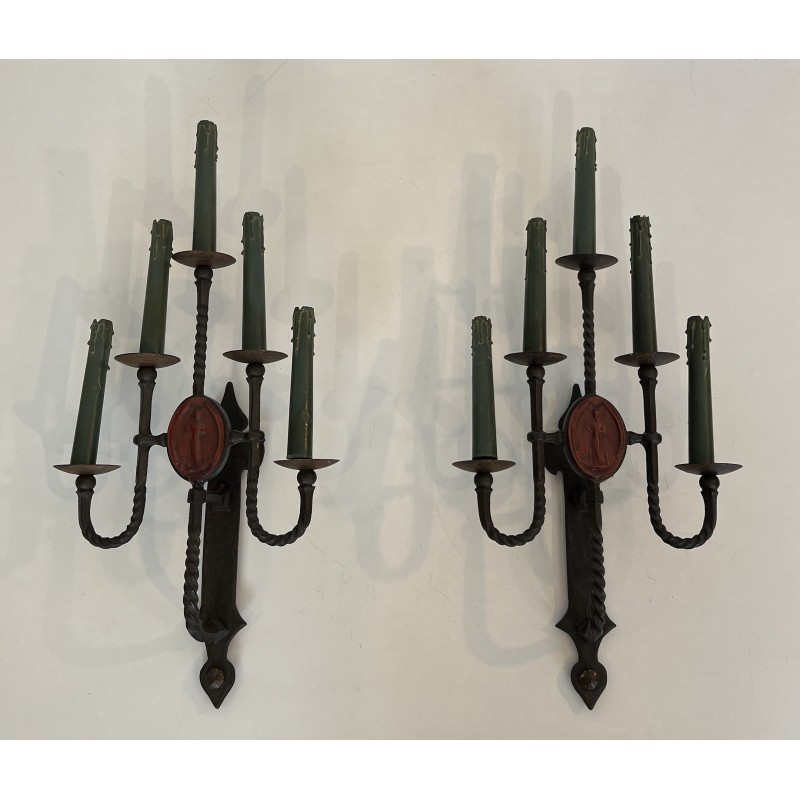 Large Pair of Five-Light Wrought Iron Gothic Style Wall Sconces with Coat of Arms, French Work, Circa 1940