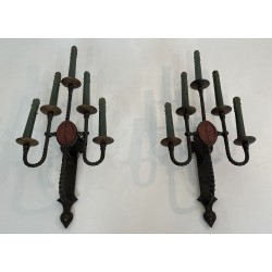 Large Pair of Five-Light Wrought Iron Gothic Style Wall Sconces with Coat of Arms, French Work, Circa 1940