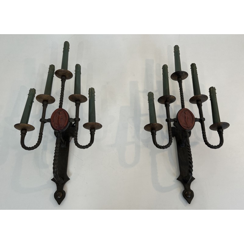 Large Pair of Five-Light Wrought Iron Gothic Style Wall Sconces with Coat of Arms, French Work, Circa 1940