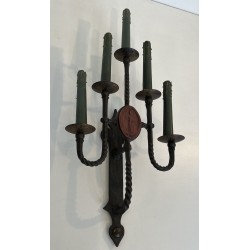 Large Pair of Five-Light Wrought Iron Gothic Style Wall Sconces with Coat of Arms, French Work, Circa 1940