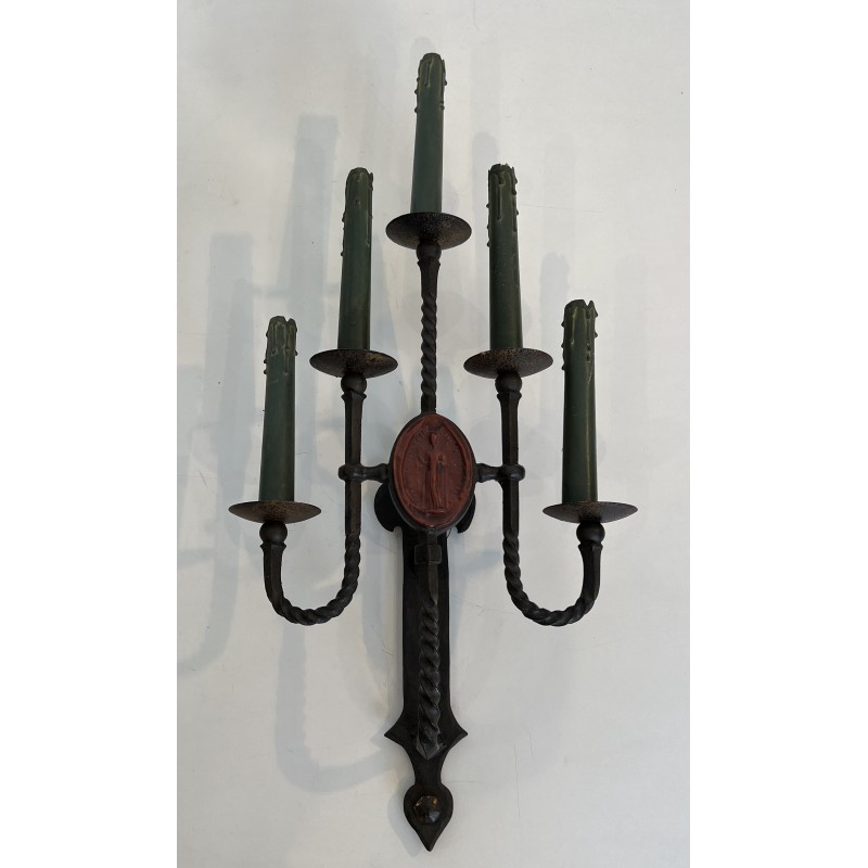 Importante Paire d'Appliques en Fer Forgé à 5 Bras de Lumière de Style Gothique