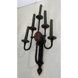 Large Pair of Five-Light Wrought Iron Gothic Style Wall Sconces with Coat of Arms, French Work, Circa 1940
